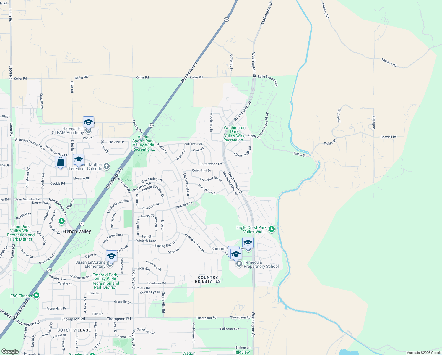 map of restaurants, bars, coffee shops, grocery stores, and more near 32738 Presidio Hills Lane in Winchester