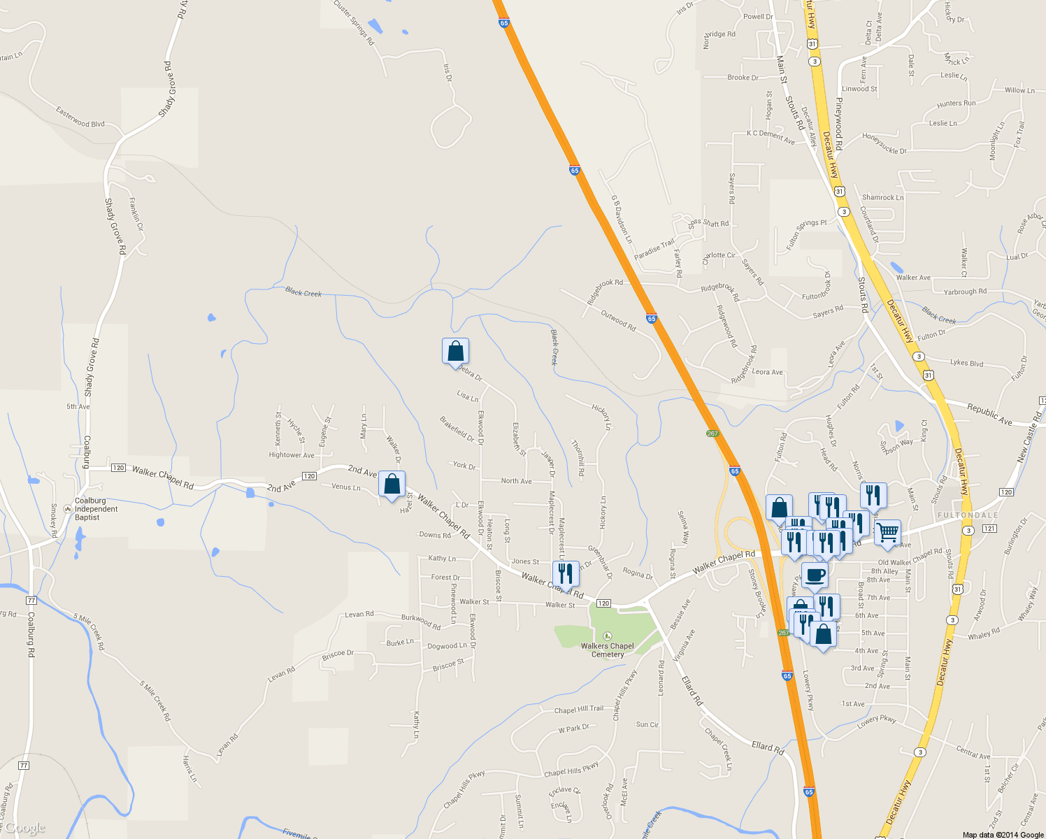 map of restaurants, bars, coffee shops, grocery stores, and more near 2801 Debra Dr in Fultondale