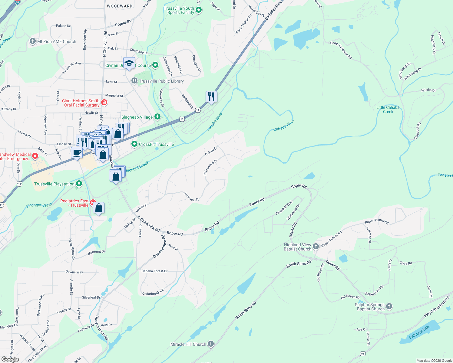 map of restaurants, bars, coffee shops, grocery stores, and more near 3800 Creek Side Way in Trussville