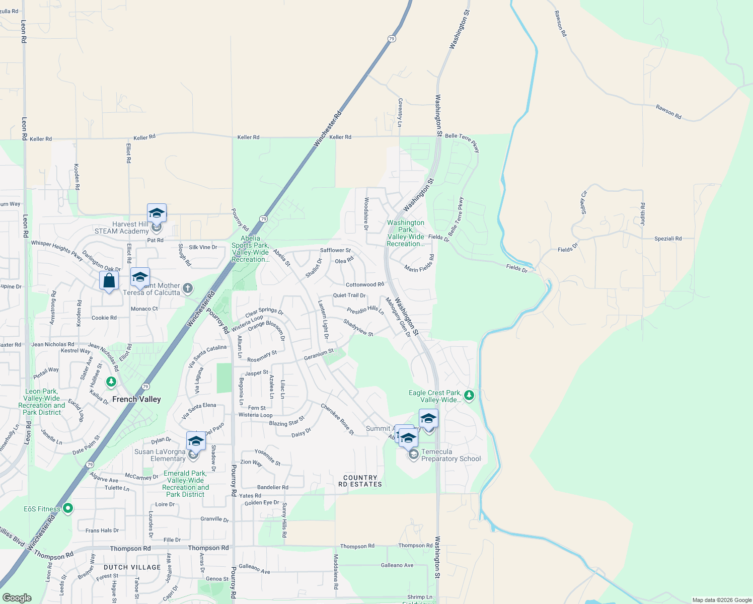 map of restaurants, bars, coffee shops, grocery stores, and more near 32738 Presidio Hills Lane in Winchester
