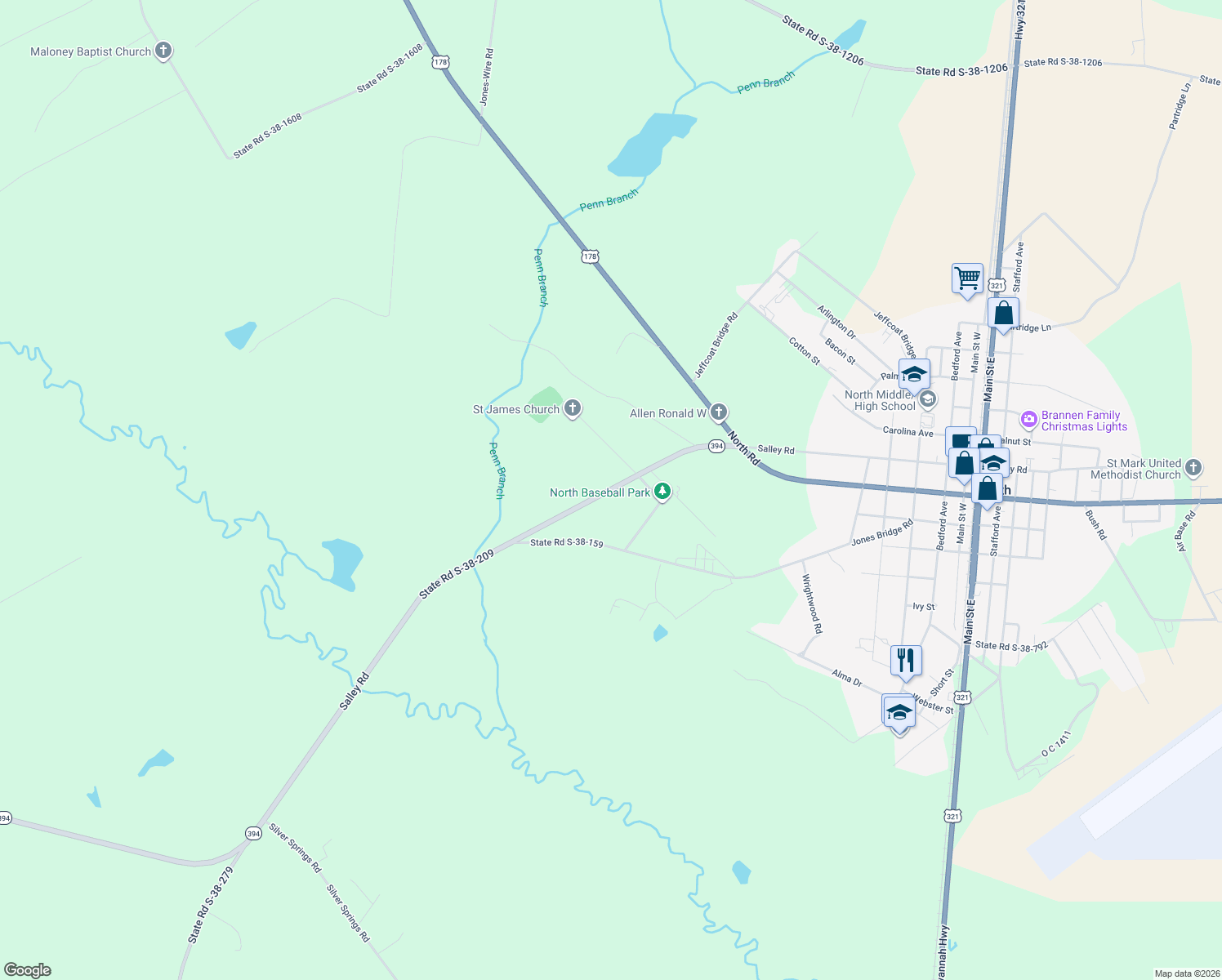 map of restaurants, bars, coffee shops, grocery stores, and more near 6960 State Road S-38-209 in North