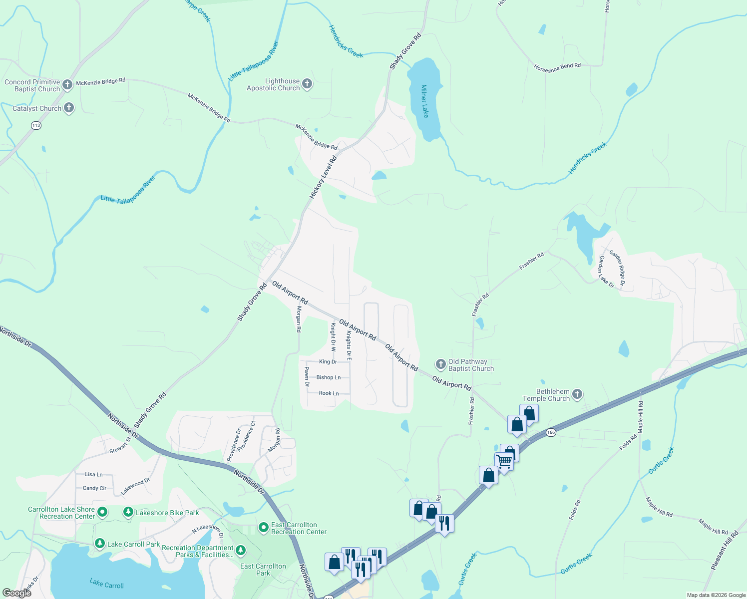 map of restaurants, bars, coffee shops, grocery stores, and more near 115 Hickory Circle in Carrollton