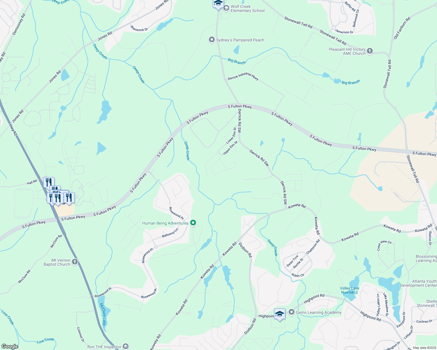map of restaurants, bars, coffee shops, grocery stores, and more near 5123 Upper Elm Street in Atlanta