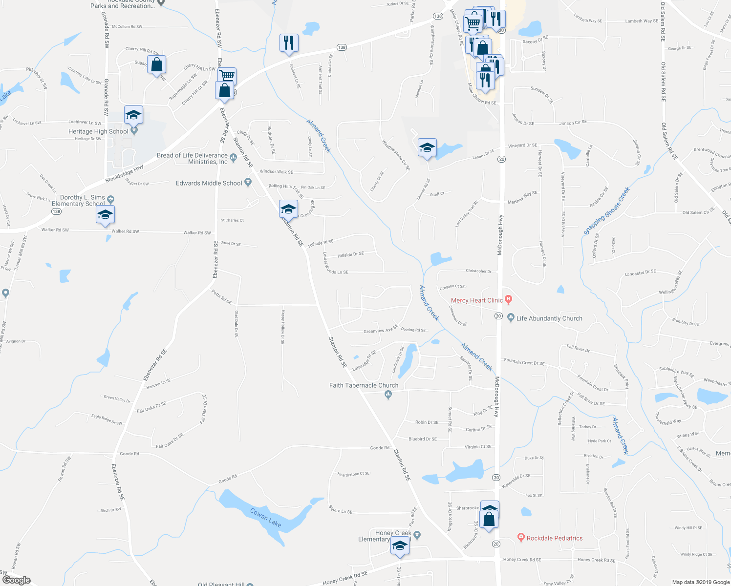 map of restaurants, bars, coffee shops, grocery stores, and more near 570 Pine Ridge Trail Southeast in Conyers