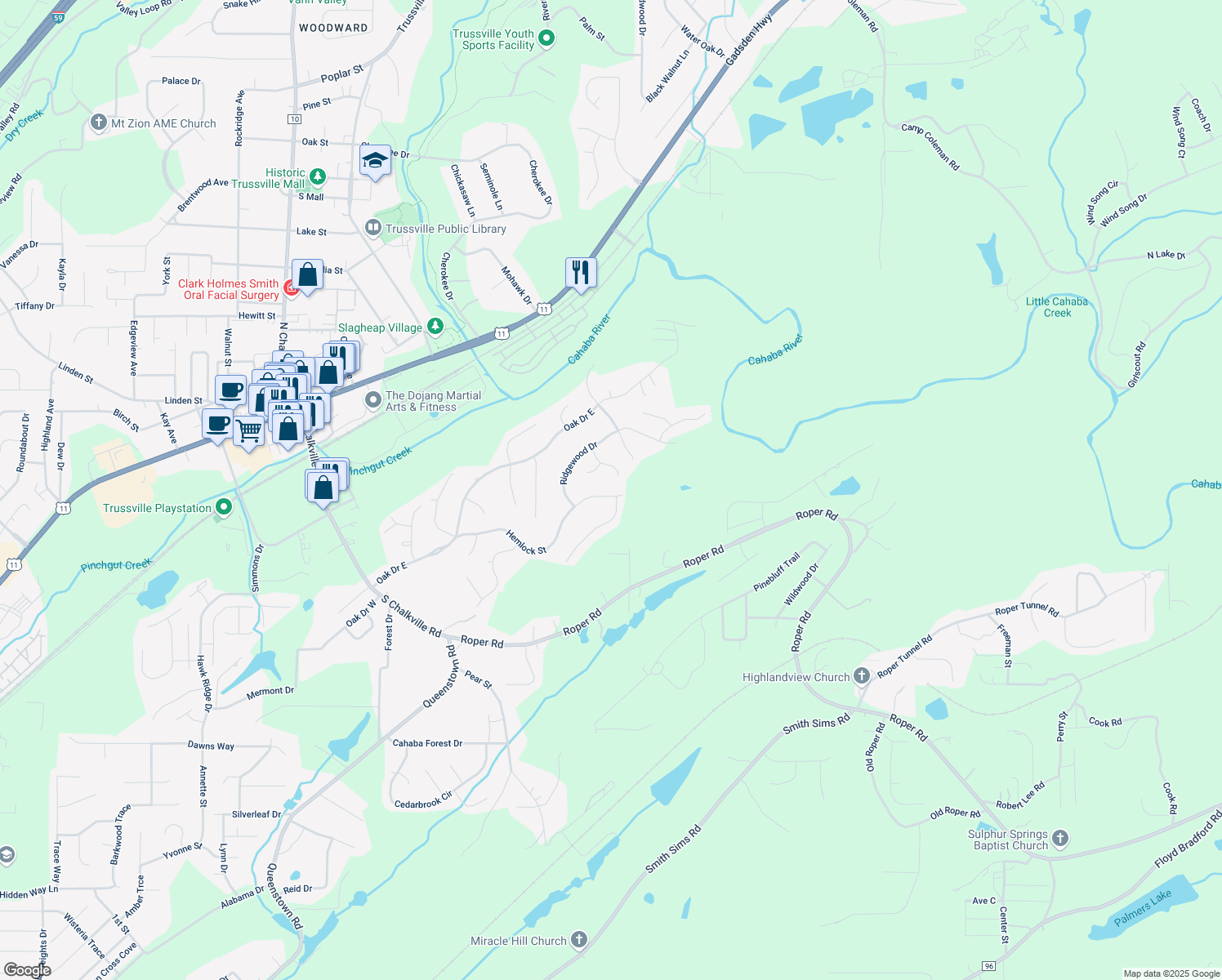 map of restaurants, bars, coffee shops, grocery stores, and more near 6624 Hemlock Street in Trussville