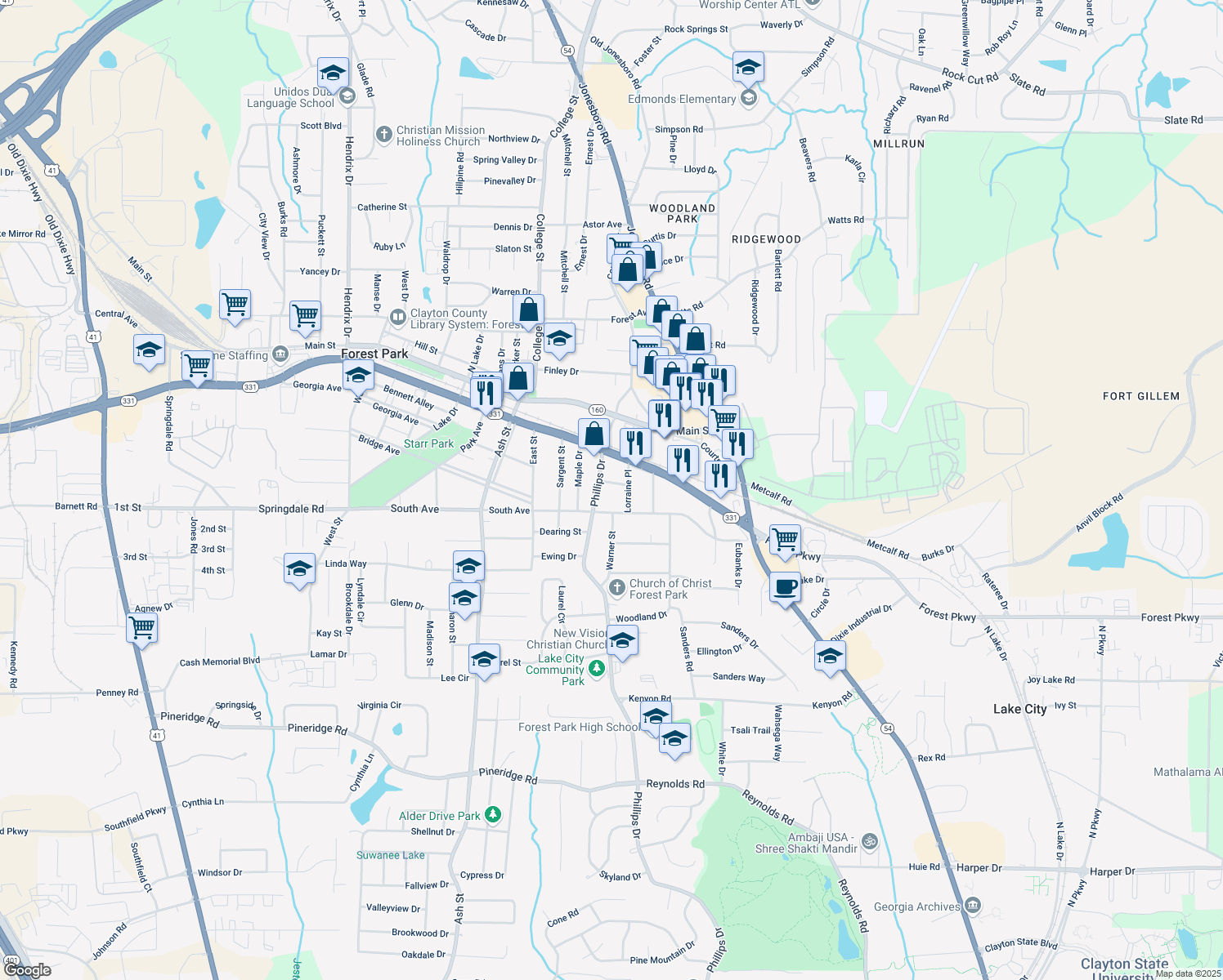 map of restaurants, bars, coffee shops, grocery stores, and more near 1025 Cheaves Drive in Forest Park