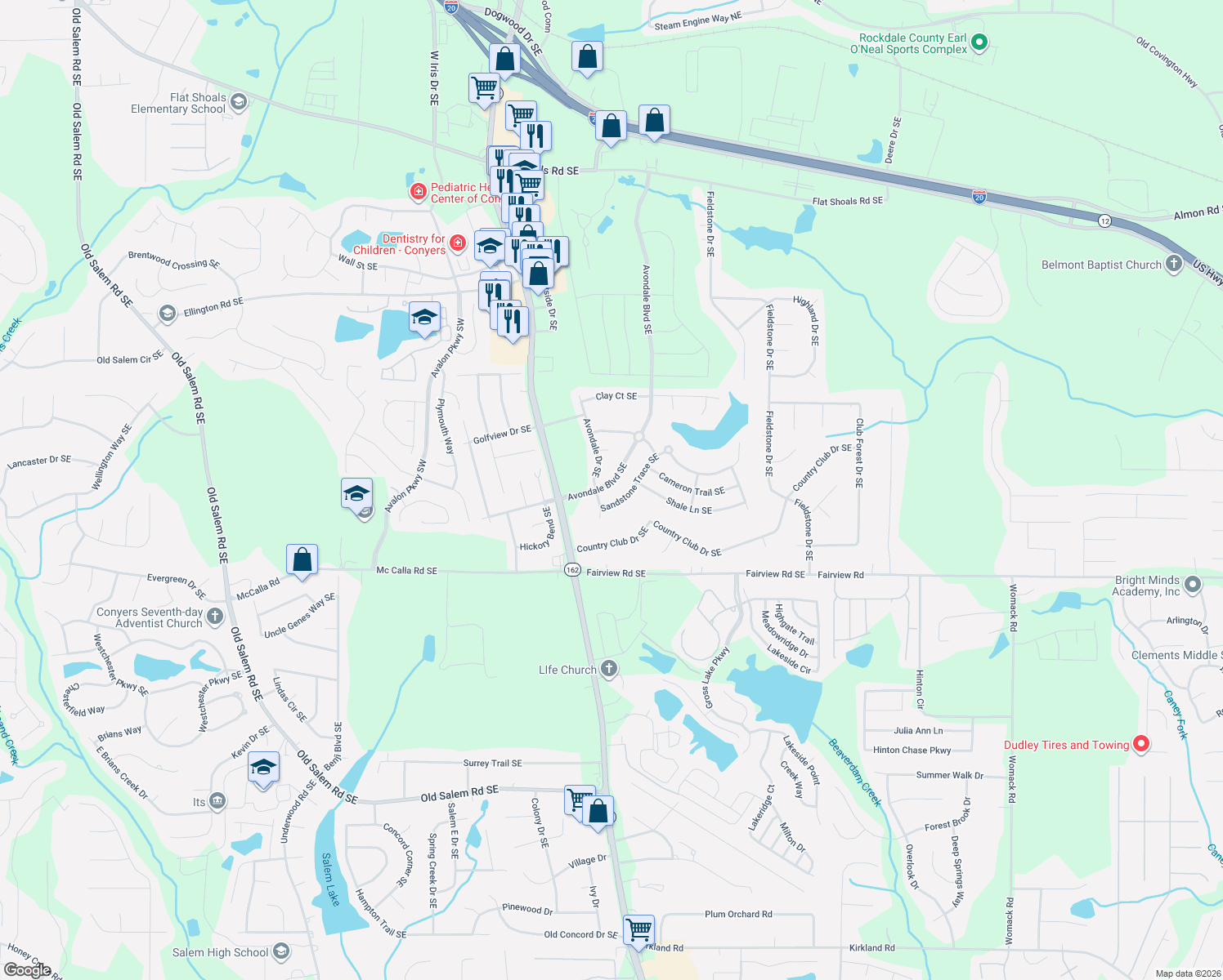map of restaurants, bars, coffee shops, grocery stores, and more near 3026 Avondale Blvd SE in Conyers