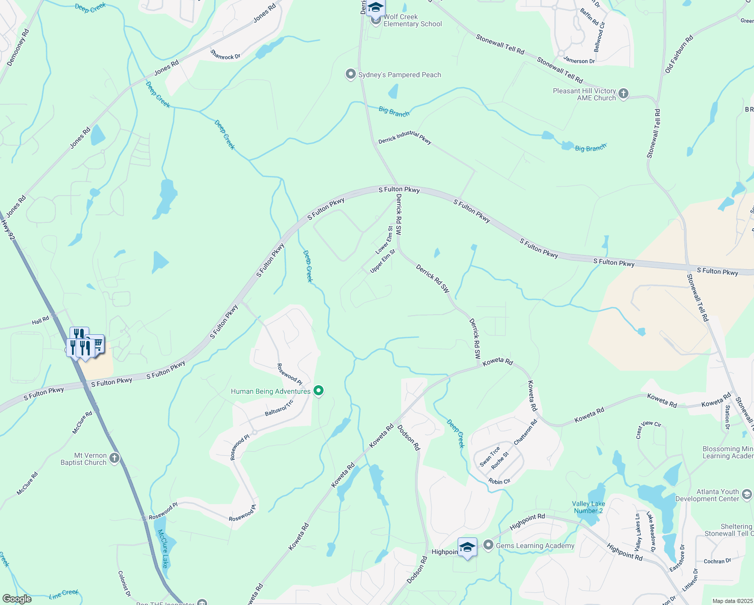 map of restaurants, bars, coffee shops, grocery stores, and more near 5143 Upper Elm Street in Atlanta