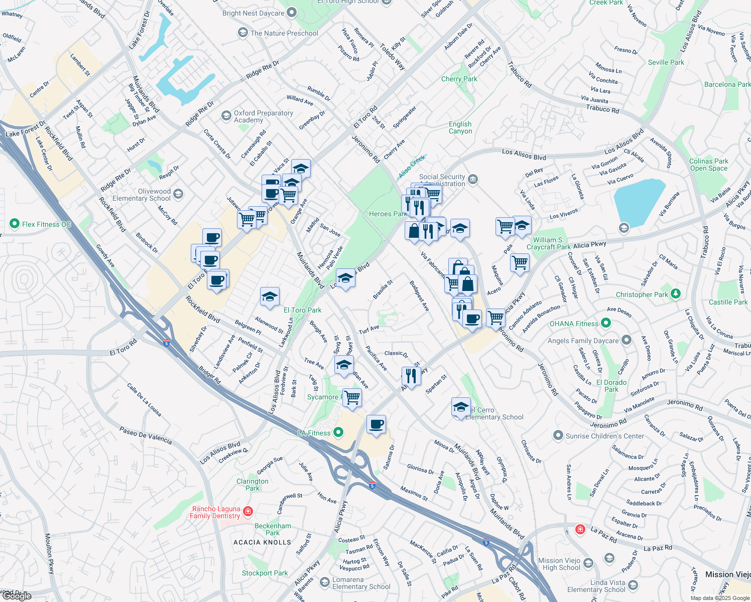map of restaurants, bars, coffee shops, grocery stores, and more near 23802 Brasilia Street in Mission Viejo