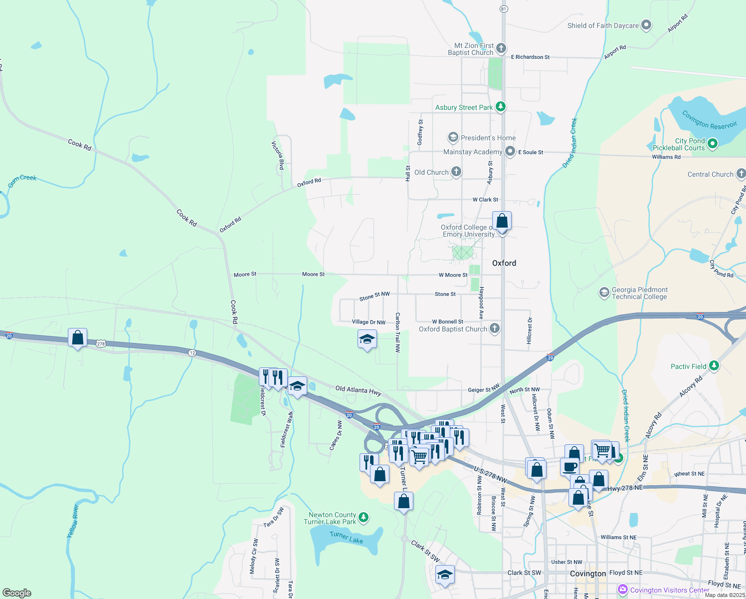 map of restaurants, bars, coffee shops, grocery stores, and more near 505 Stone Street Northwest in Covington