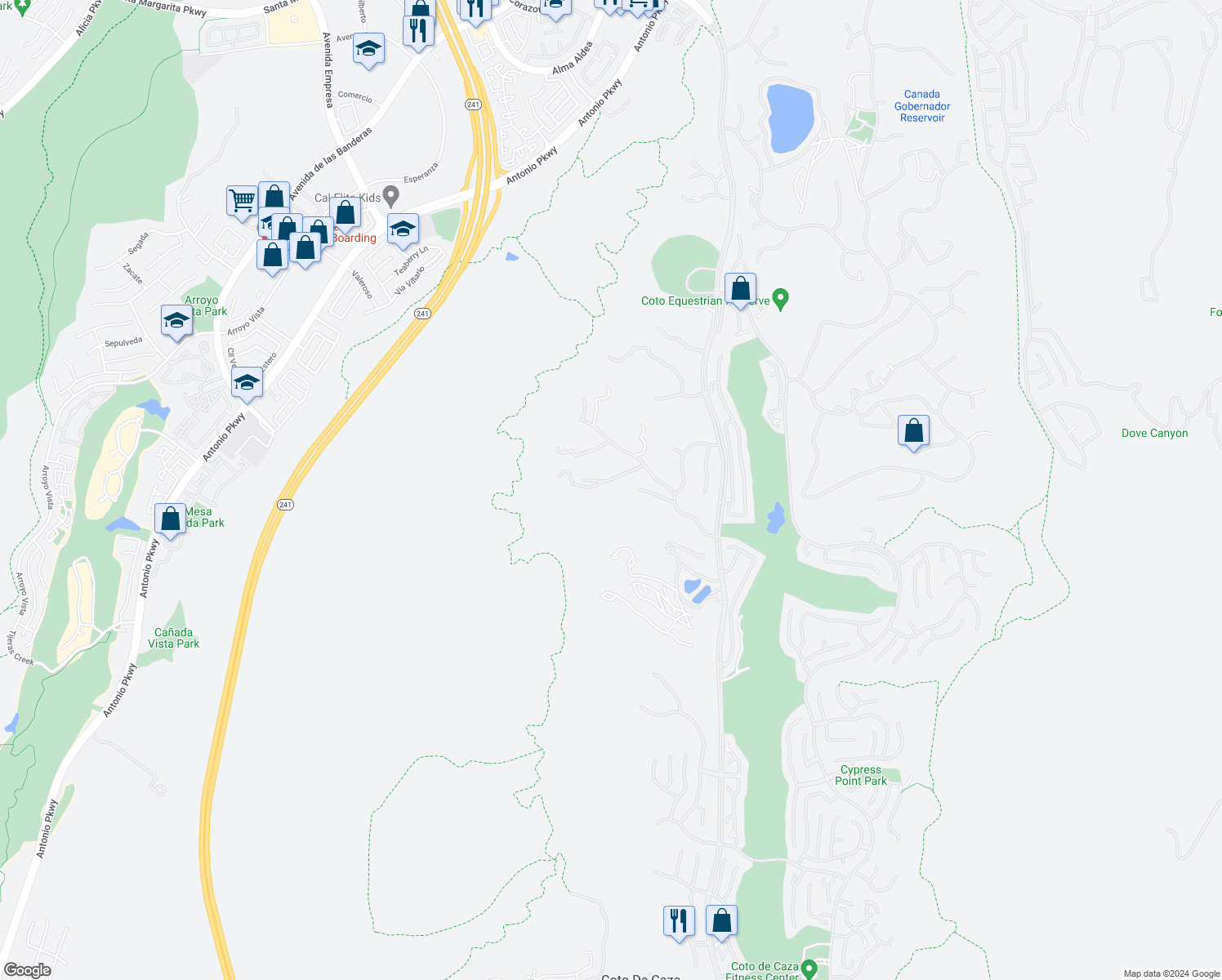 map of restaurants, bars, coffee shops, grocery stores, and more near 30932 Vía Serenidad in Coto De Caza