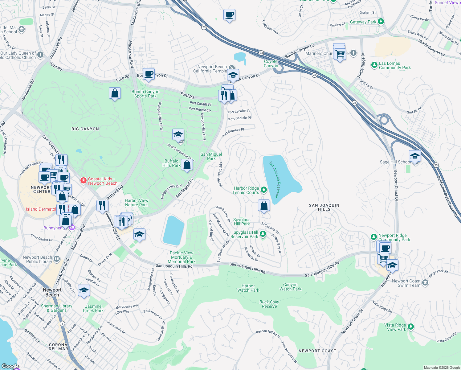 map of restaurants, bars, coffee shops, grocery stores, and more near 11 Montpellier in Newport Beach