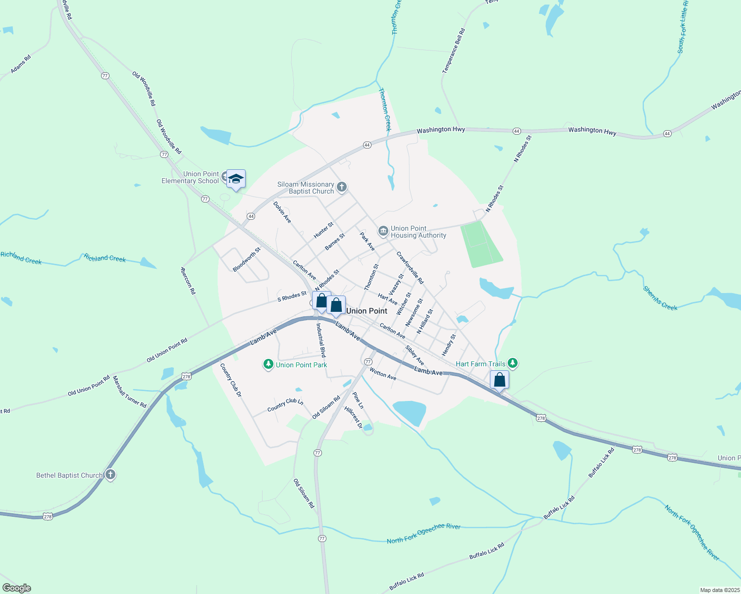 map of restaurants, bars, coffee shops, grocery stores, and more near 608 Hart Avenue in Union Point
