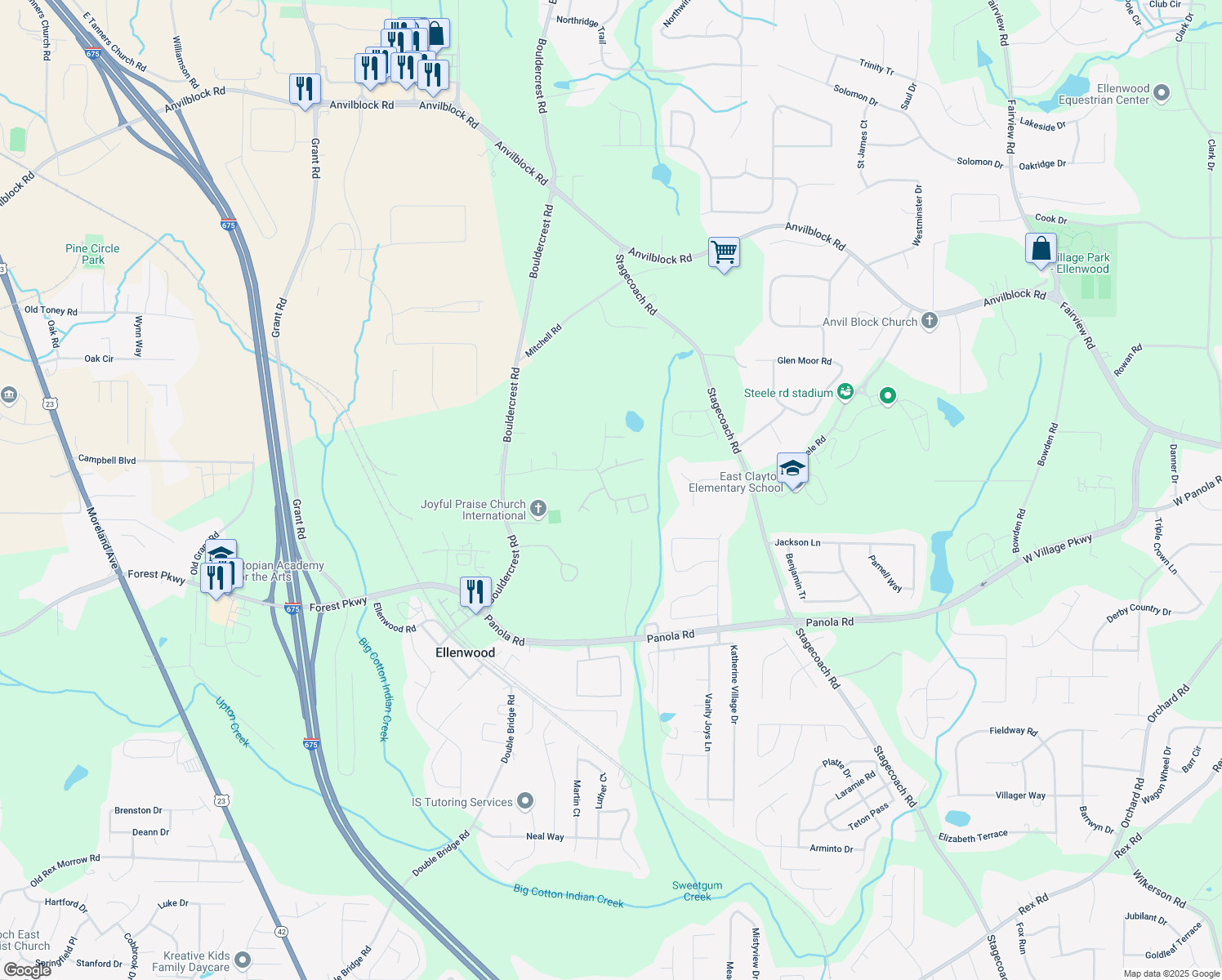 map of restaurants, bars, coffee shops, grocery stores, and more near 5052 Hickory Circle in Ellenwood
