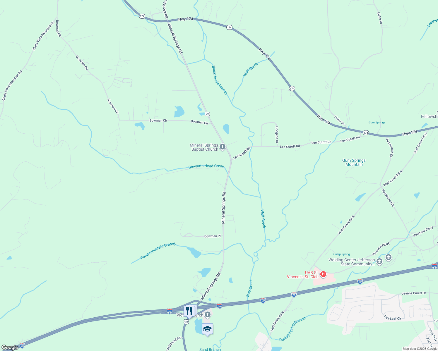 map of restaurants, bars, coffee shops, grocery stores, and more near 135 Sunset Drive in Pell City