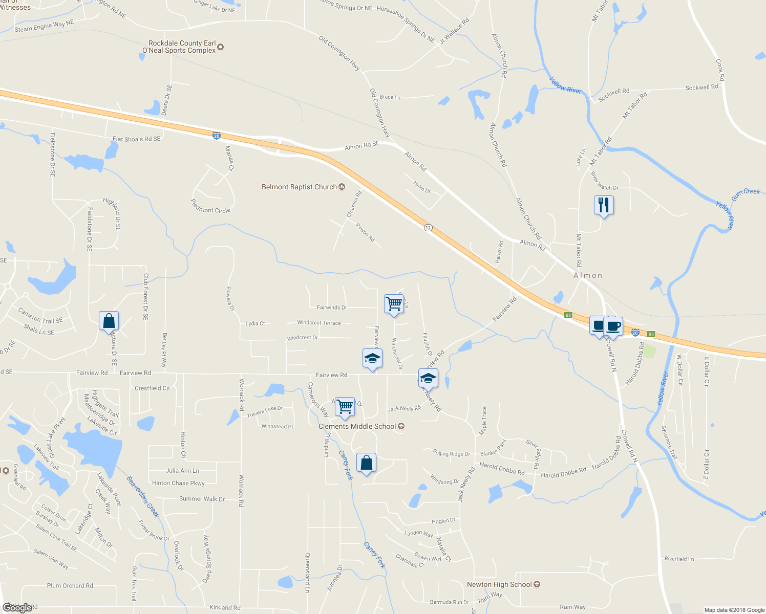 map of restaurants, bars, coffee shops, grocery stores, and more near 170 Fairview Chase Road in Covington