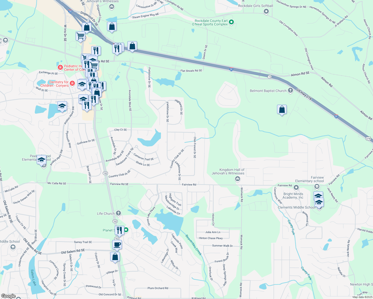map of restaurants, bars, coffee shops, grocery stores, and more near 2599 Country Club Drive Southeast in Conyers