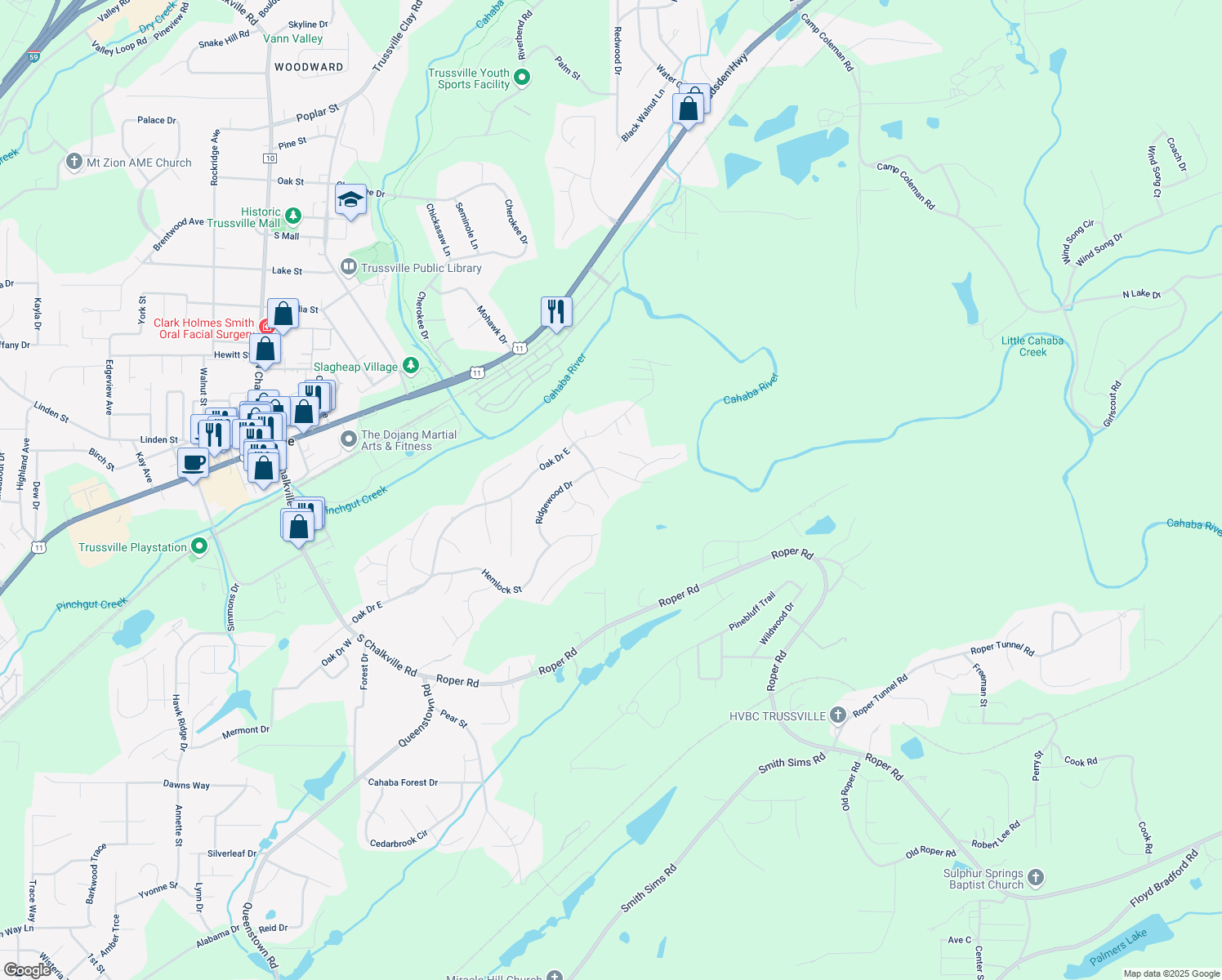 map of restaurants, bars, coffee shops, grocery stores, and more near 99 Ridgewood Drive in Trussville