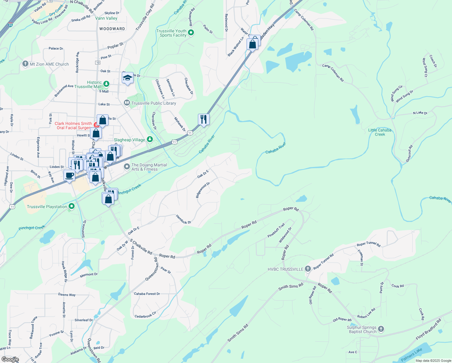map of restaurants, bars, coffee shops, grocery stores, and more near 99 Ridgewood Drive in Trussville