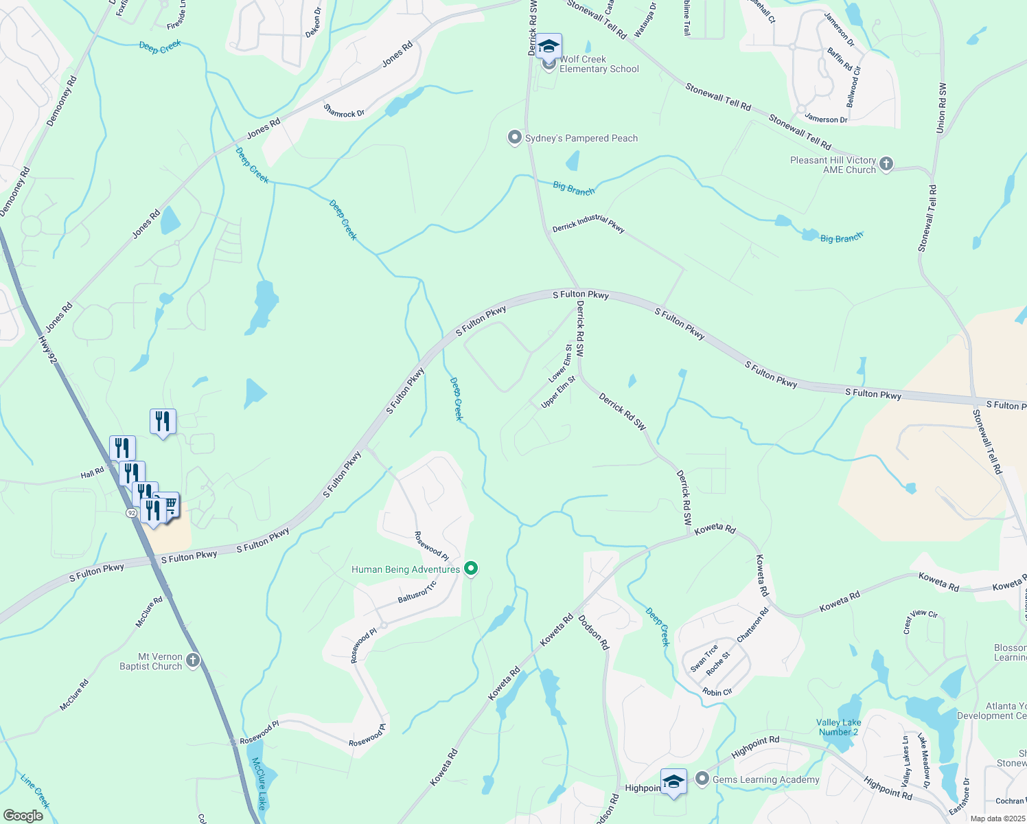 map of restaurants, bars, coffee shops, grocery stores, and more near 5047 Upper Elm Street in Atlanta
