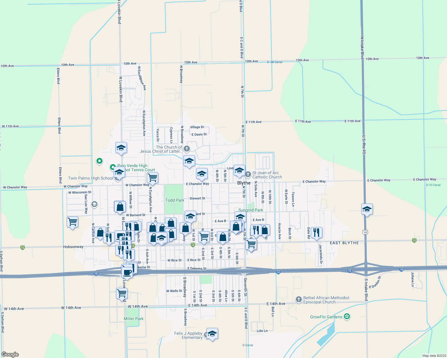 map of restaurants, bars, coffee shops, grocery stores, and more near 521 North 5th Street in Blythe