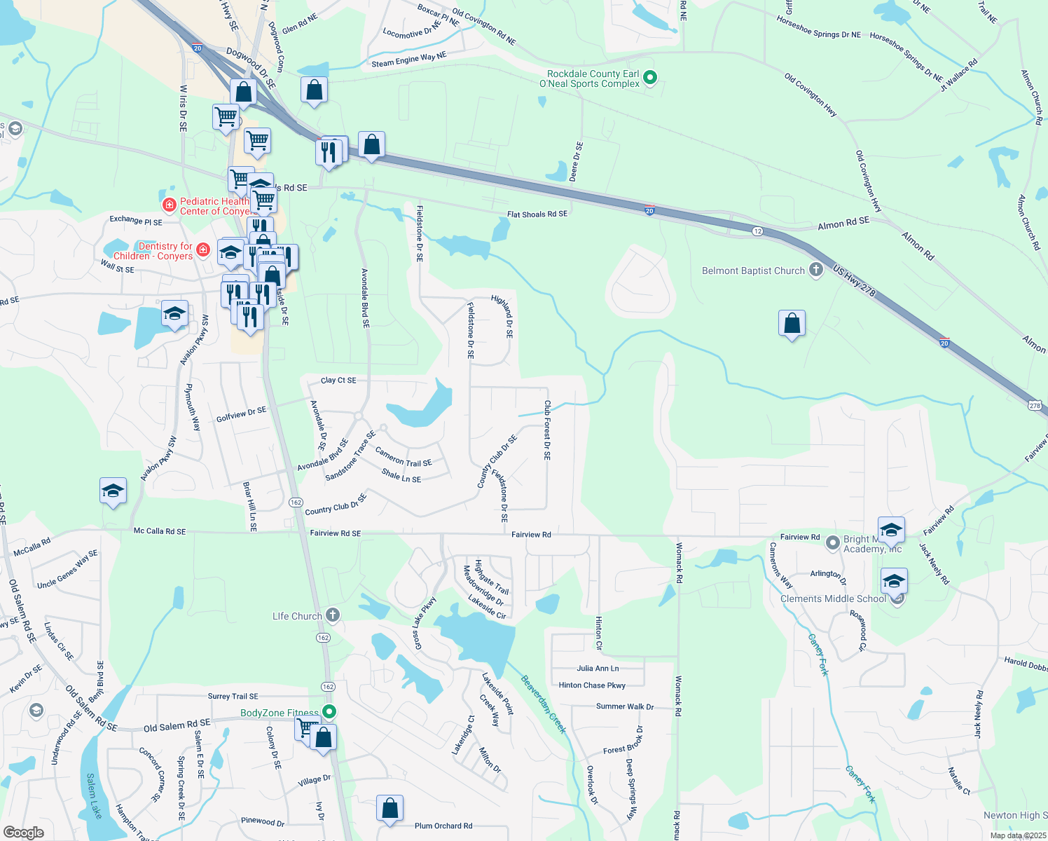 map of restaurants, bars, coffee shops, grocery stores, and more near 2612 Country Club Drive Southeast in Conyers