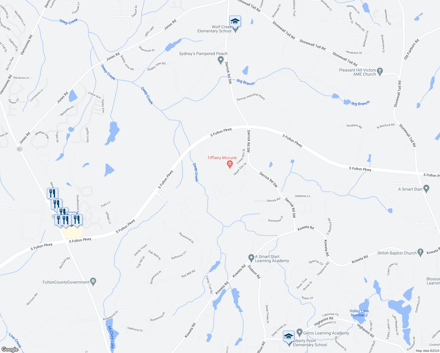map of restaurants, bars, coffee shops, grocery stores, and more near 5023 Lower Elm Street in Atlanta