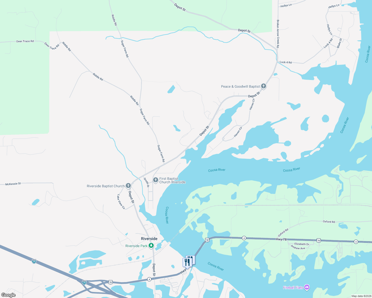 map of restaurants, bars, coffee shops, grocery stores, and more near Depot Street in Riverside