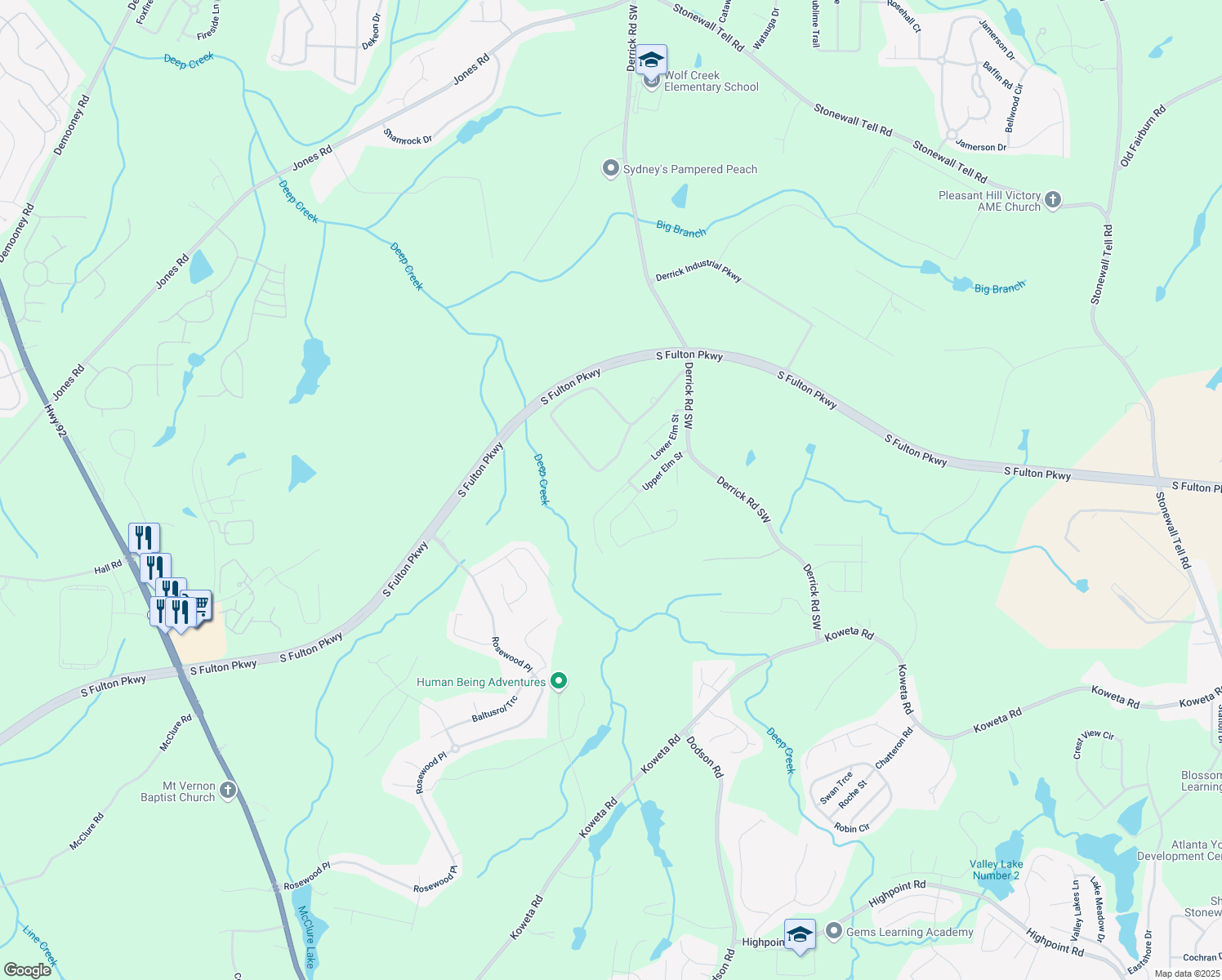 map of restaurants, bars, coffee shops, grocery stores, and more near 5019 Lower Elm Street in Atlanta