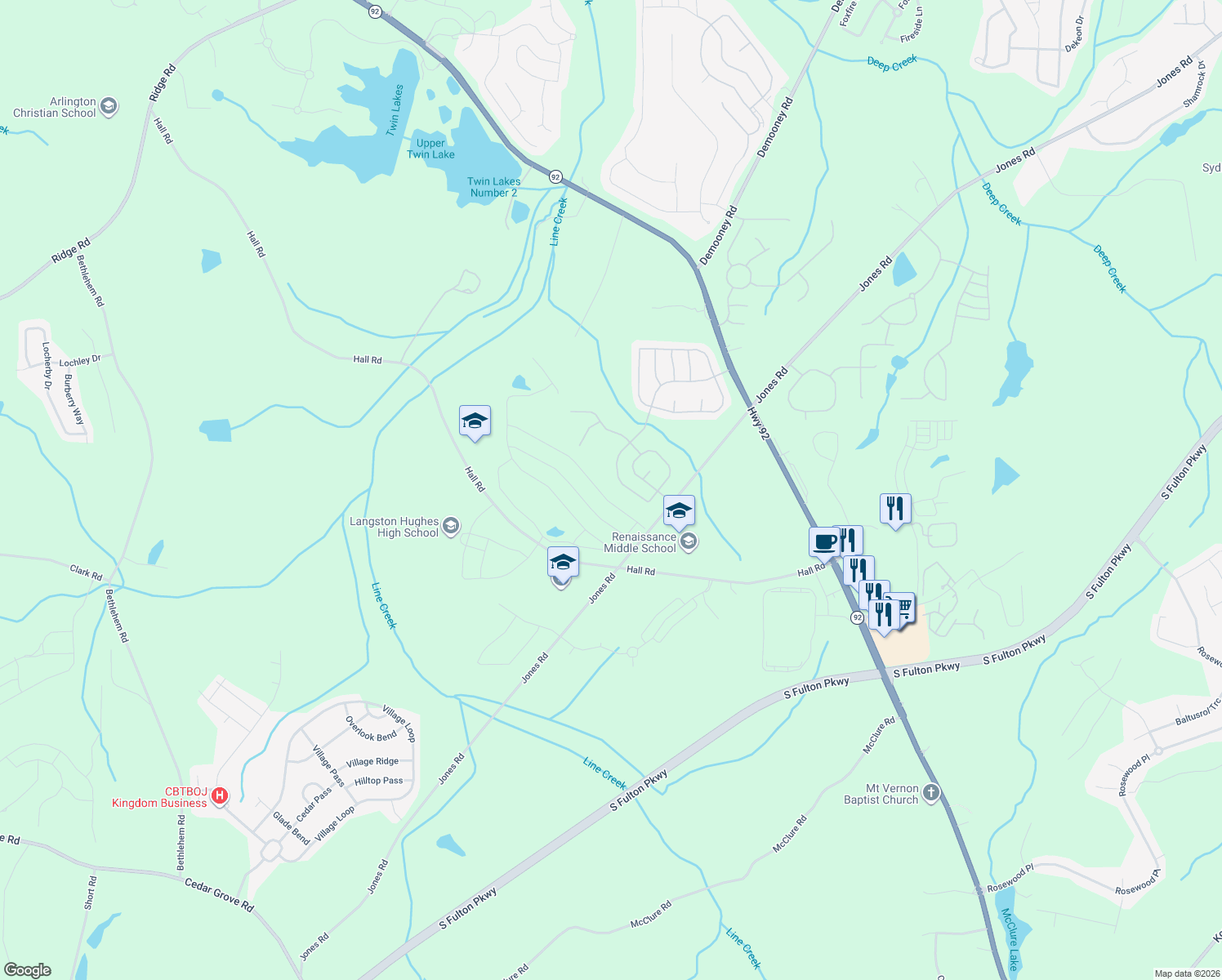 map of restaurants, bars, coffee shops, grocery stores, and more near 5031 Estonian Dr in Fairburn