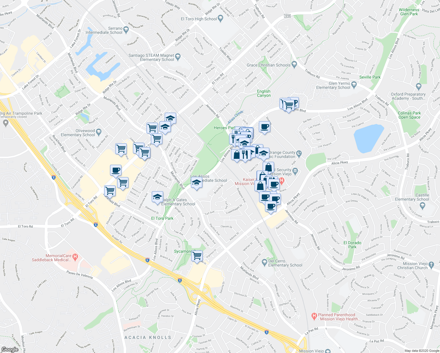 map of restaurants, bars, coffee shops, grocery stores, and more near 23661 Algiers Street in Mission Viejo