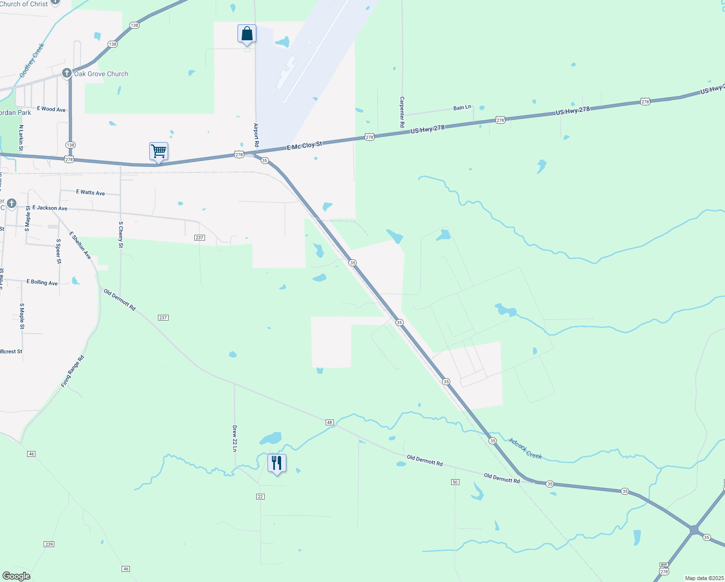 map of restaurants, bars, coffee shops, grocery stores, and more near 1864 Arkansas 35 in Monticello