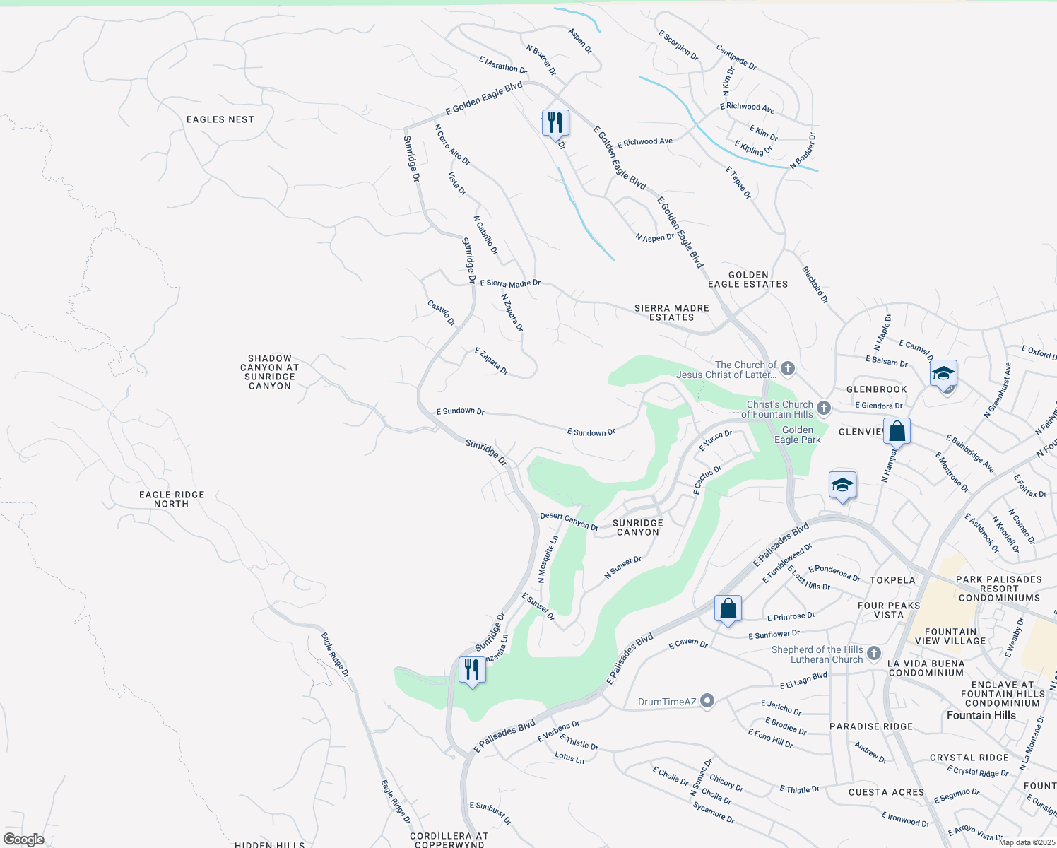 map of restaurants, bars, coffee shops, grocery stores, and more near 15214 East Sundown Drive in Fountain Hills