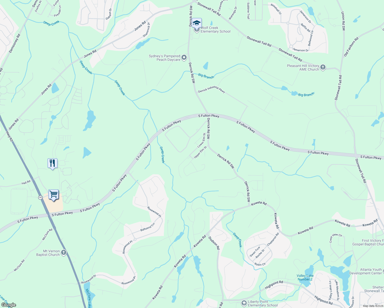 map of restaurants, bars, coffee shops, grocery stores, and more near 5012 Lower Elm Street in Atlanta
