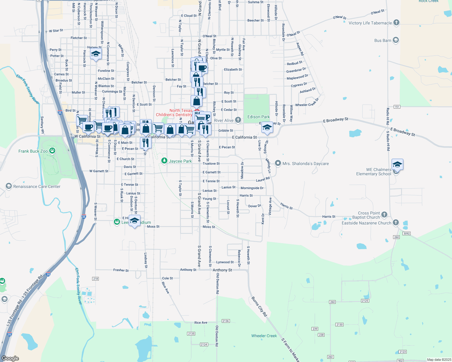 map of restaurants, bars, coffee shops, grocery stores, and more near 1425 East Tennie Street in Gainesville