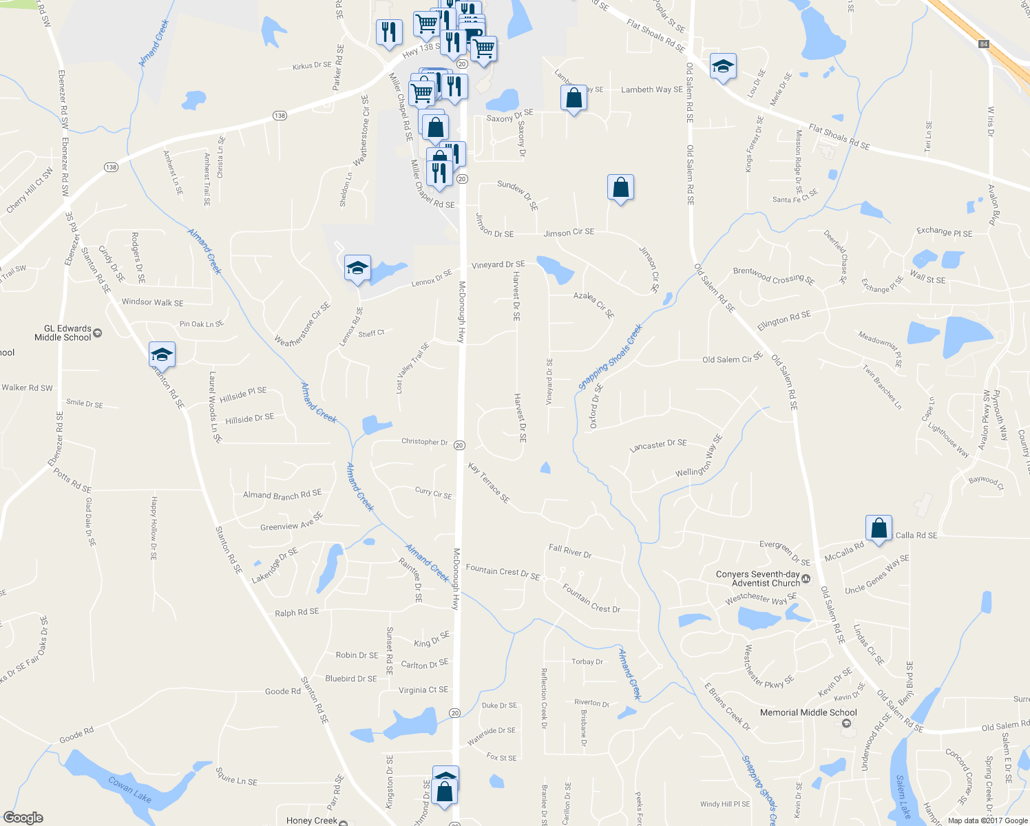 map of restaurants, bars, coffee shops, grocery stores, and more near 2664 Harvest Drive Southeast in Conyers