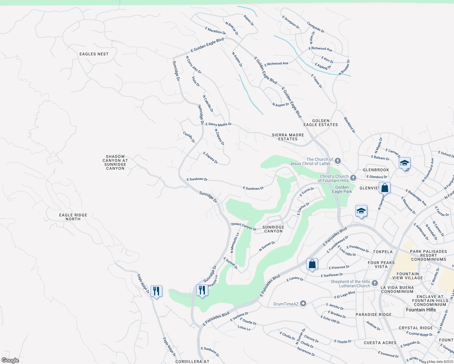 map of restaurants, bars, coffee shops, grocery stores, and more near 15214 East Sundown Drive in Fountain Hills