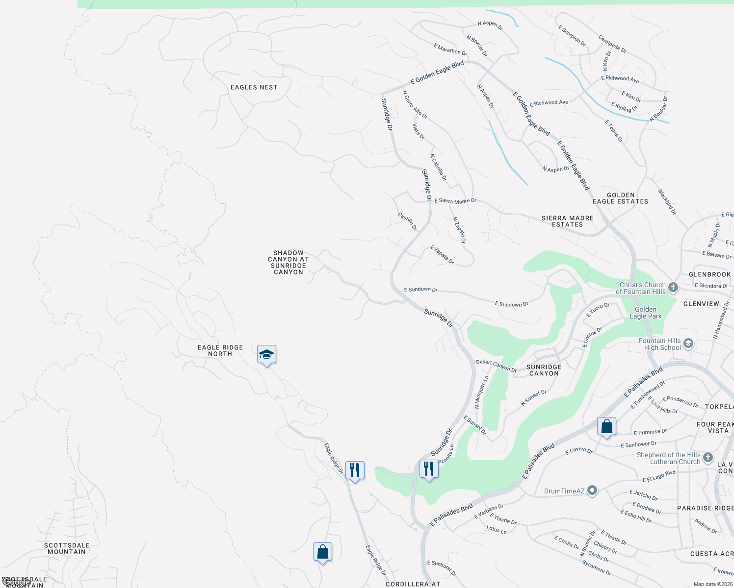 map of restaurants, bars, coffee shops, grocery stores, and more near 14610 East Shadow Canyon Drive in Fountain Hills