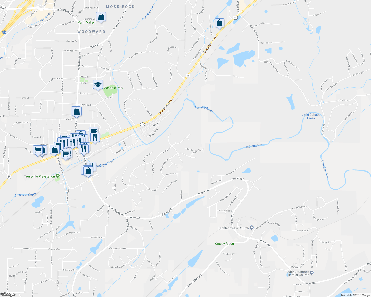 map of restaurants, bars, coffee shops, grocery stores, and more near 298 Ash Circle in Trussville