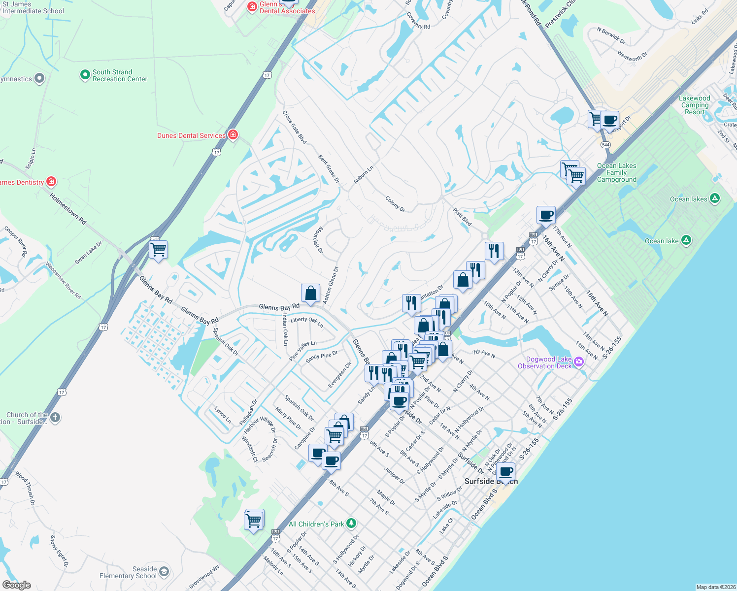 map of restaurants, bars, coffee shops, grocery stores, and more near 924 Plantation Dr in Myrtle Beach