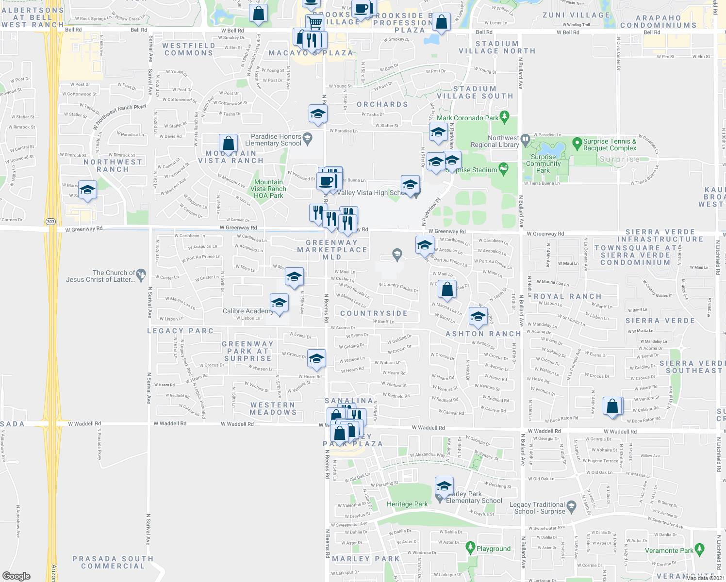 map of restaurants, bars, coffee shops, grocery stores, and more near 15352 W Port Royale Ln in Surprise