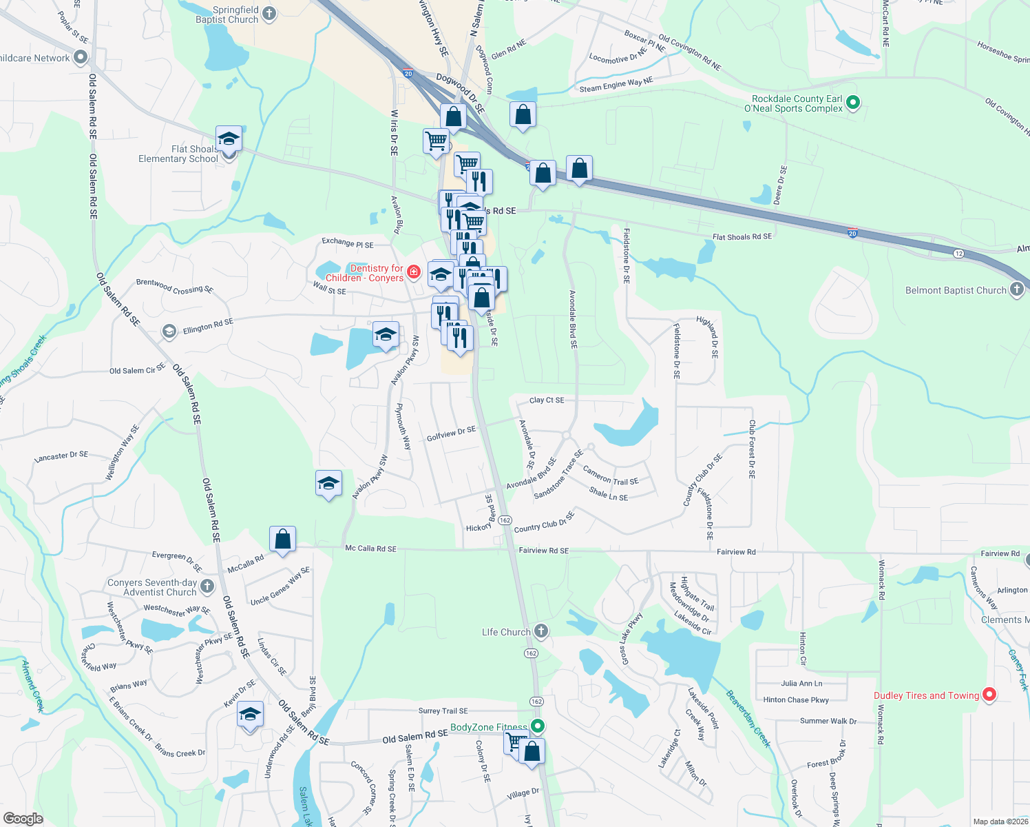 map of restaurants, bars, coffee shops, grocery stores, and more near 3143 Avondale Drive Southeast in Conyers