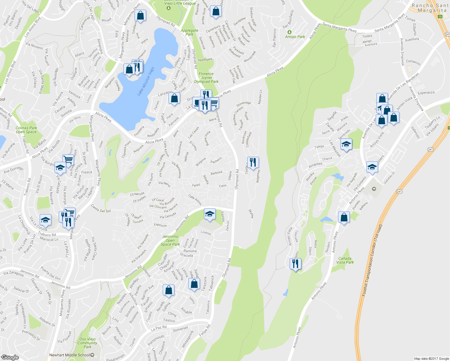 map of restaurants, bars, coffee shops, grocery stores, and more near 23611 Villena in Mission Viejo