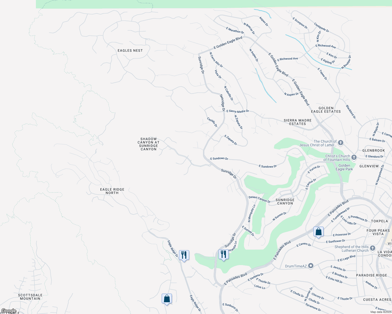map of restaurants, bars, coffee shops, grocery stores, and more near 14812 East Shadow Canyon Drive in Fountain Hills