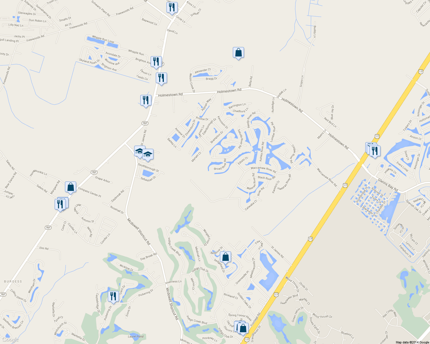 map of restaurants, bars, coffee shops, grocery stores, and more near 615 Broad River Road in Myrtle Beach
