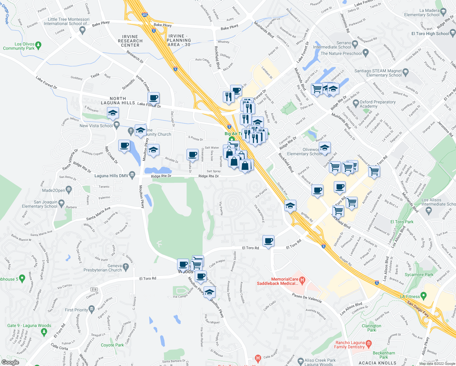 map of restaurants, bars, coffee shops, grocery stores, and more near 2374 Via Mariposa West in Laguna Woods