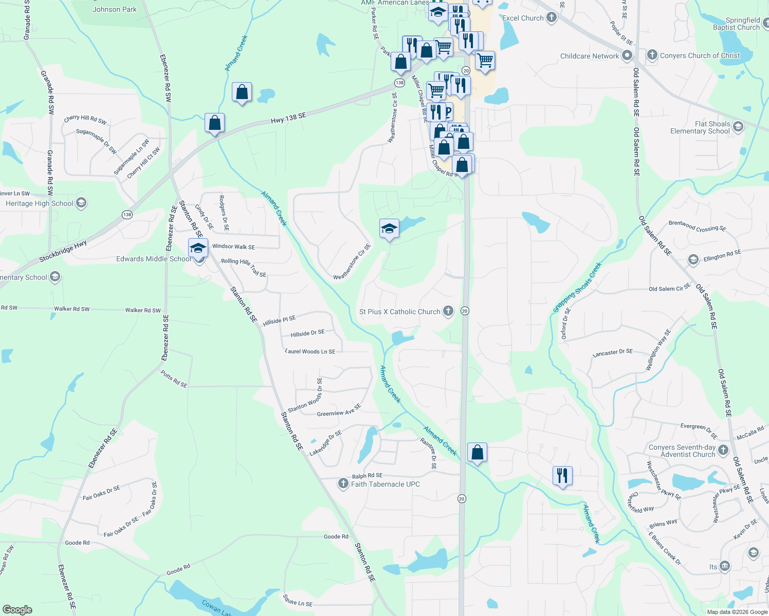 map of restaurants, bars, coffee shops, grocery stores, and more near 2633 Downing Park Southeast in Conyers
