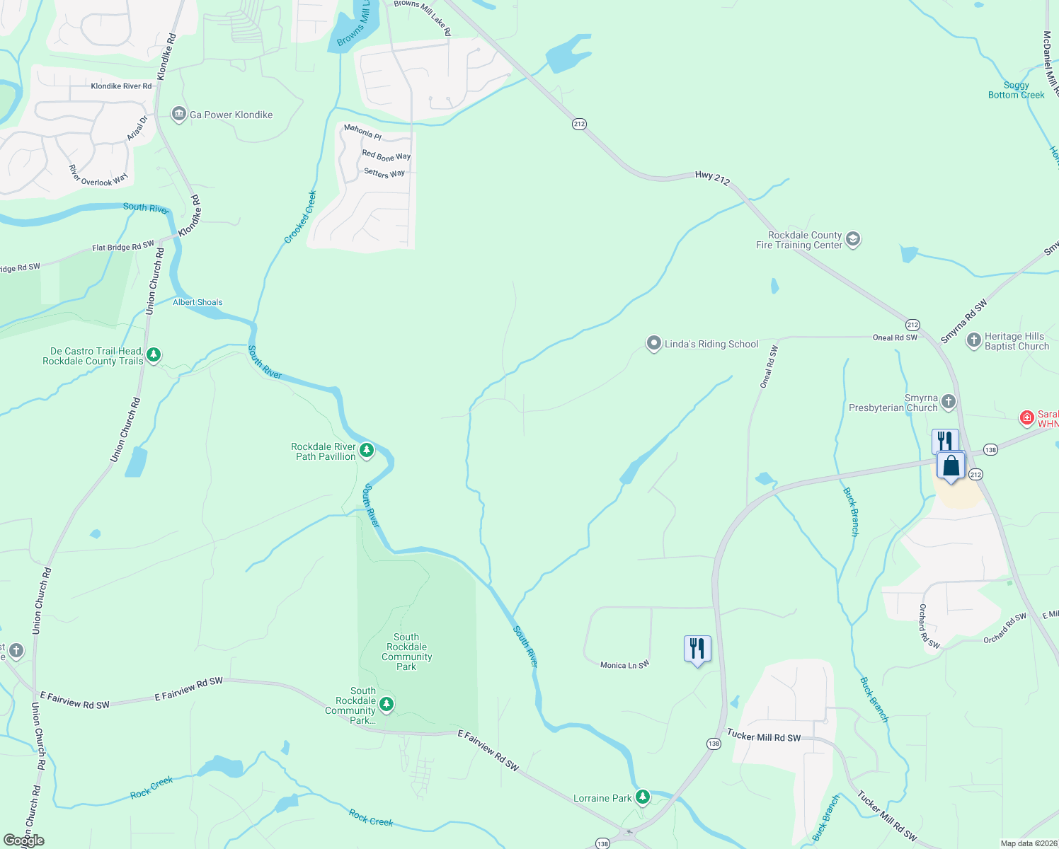 map of restaurants, bars, coffee shops, grocery stores, and more near 3675 Daniels Bridge Road in Conyers
