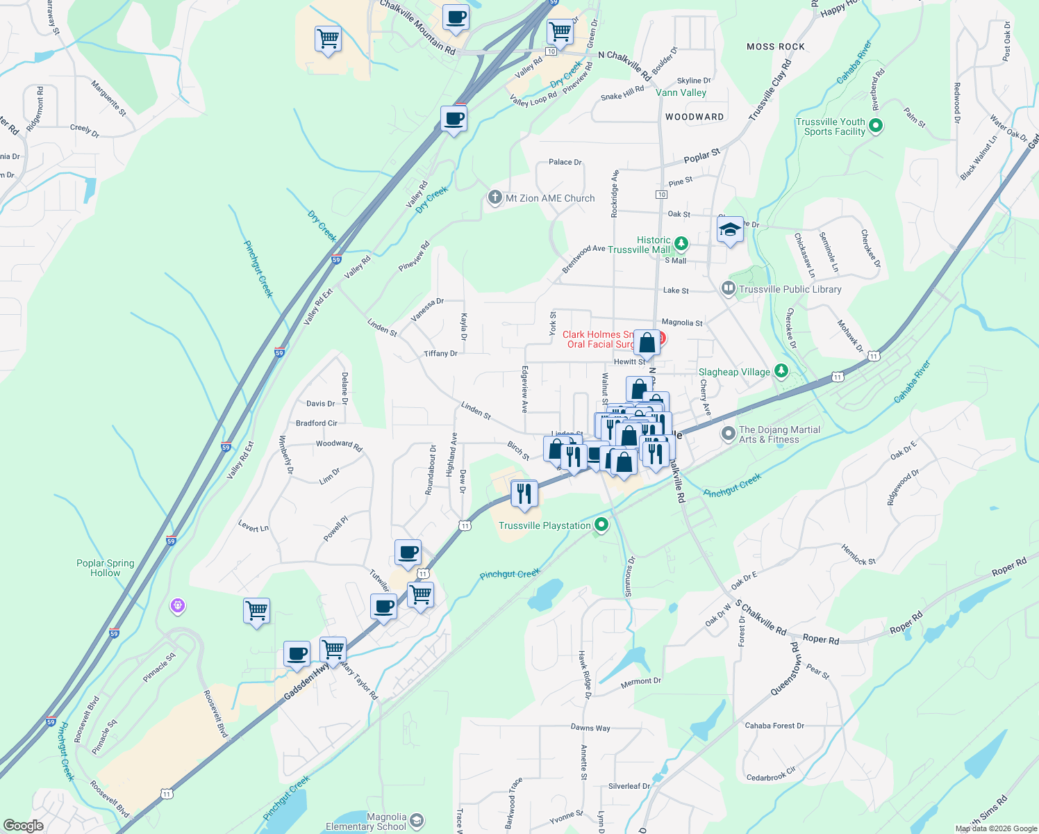 map of restaurants, bars, coffee shops, grocery stores, and more near 516 Linden Street in Trussville