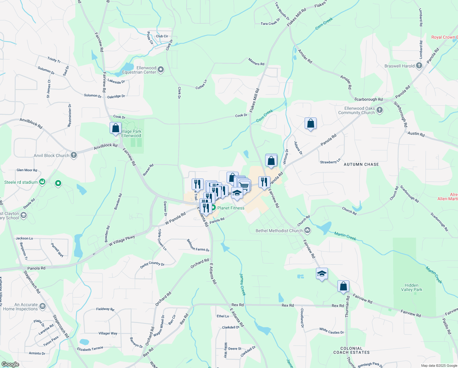 map of restaurants, bars, coffee shops, grocery stores, and more near 50 Wabash Dr in Ellenwood